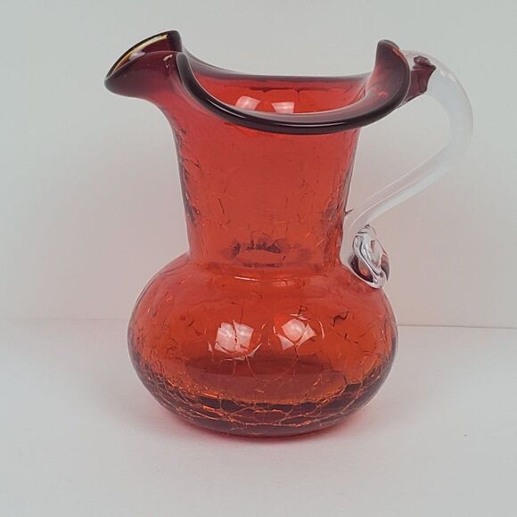 Amberina Red Orange Hand Blown Crackled Art Glass Mini Cruet Pitcher Jug Vintage - Picture 1 of 12